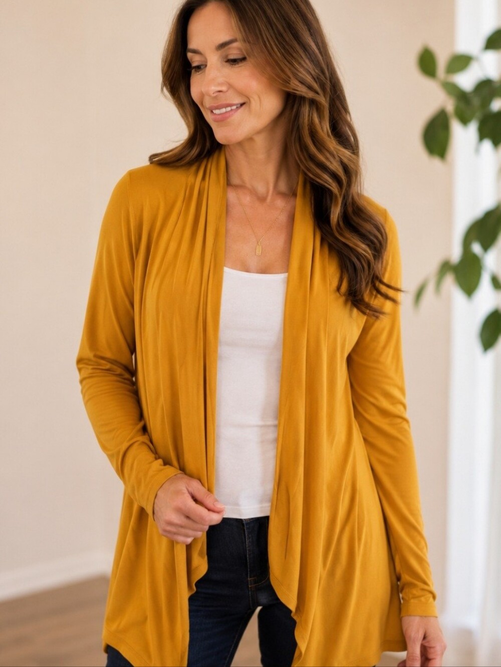 J. Jill Women's Wearever Mustard Yellow Open Front Long Knit Cardigan L
